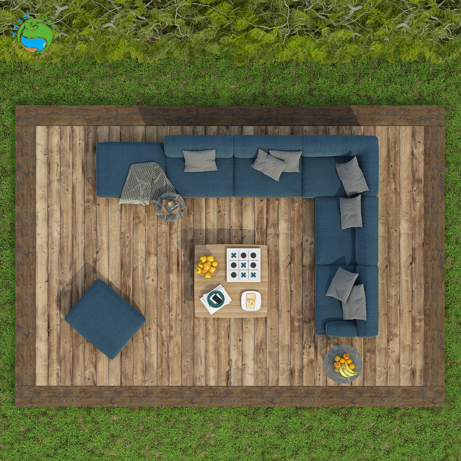 high angle view of a garden with sofa on a wooden 2026 01 06 10 54 48 utc1
